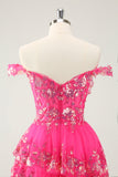 Leuke sprankelende Hot Pink A Line Gelaagde Korset Lace Korte Homecoming Jurk