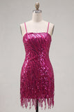Fuchsia schede spaghetti bandjes pailletten homecoming jurk met veter op de rug