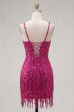 Fuchsia schede spaghetti bandjes pailletten homecoming jurk met veter op de rug