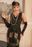 Zwart groene pailletten jaren 1920 Flapper jurk met franje