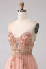 Afbeelding in Gallery-weergave laden, Sprankelende Blush A Line pailletten Spaghetti bandjes lange Prom jurk met split