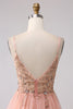 Afbeelding in Gallery-weergave laden, Sprankelende Blush A Line pailletten Spaghetti bandjes lange Prom jurk met split
