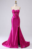 Fuchsia strapless satijn zeemeerminkorset Lange PLus maat galajurk met split