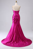 Fuchsia strapless satijn zeemeerminkorset Lange PLus maat galajurk met split