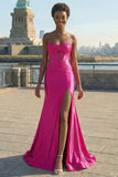 Fuchsia strapless satijn zeemeerminkorset Lange PLus maat galajurk met split