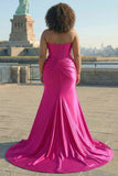 Fuchsia strapless satijn zeemeerminkorset Lange PLus maat galajurk met split