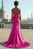 Fuchsia strapless satijn zeemeerminkorset Lange PLus maat galajurk met split