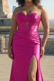 Fuchsia strapless satijn zeemeerminkorset Lange PLus maat galajurk met split