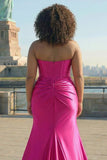 Fuchsia strapless satijn zeemeerminkorset Lange PLus maat galajurk met split