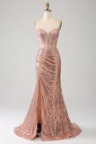 Zeemeermin Rose Gold Beaded Ruched Sequin Corset Prom Dress met Side Split