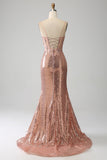 Zeemeermin Rose Gold Beaded Ruched Sequin Corset Prom Dress met Side Split