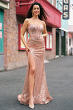 Zeemeermin Rose Gold Beaded Ruched Sequin Corset Prom Dress met Side Split