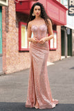 Zeemeermin Rose Gold Beaded Ruched Sequin Corset Prom Dress met Side Split