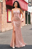 Zeemeermin Rose Gold Beaded Ruched Sequin Corset Prom Dress met Side Split