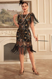 Zwarte gouden schede jaren 1920 Great Gatsby pailletten Fringe Flapper jurk met mouw