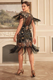 Zwarte gouden schede jaren 1920 Great Gatsby pailletten Fringe Flapper jurk met mouw