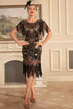 Zwarte gouden schede jaren 1920 Great Gatsby pailletten Fringe Flapper jurk met mouw