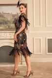 Zwarte gouden schede jaren 1920 Great Gatsby pailletten Fringe Flapper jurk met mouw