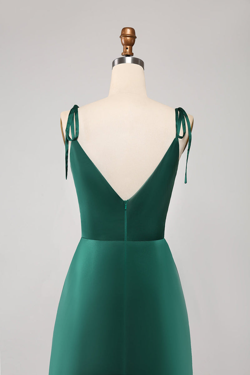 Afbeelding in Gallery-weergave laden, Eenvoudige donkergroene spaghettibandjes Ruched Prom jurk met split