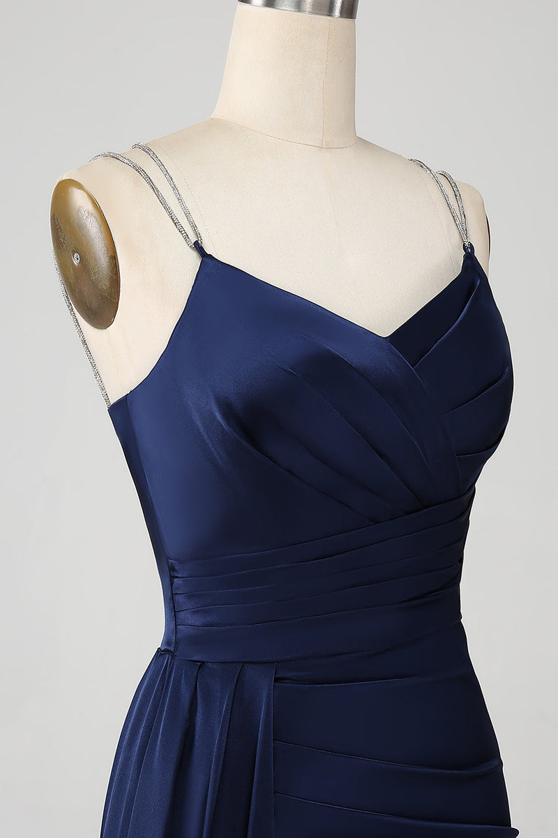Afbeelding in Gallery-weergave laden, Navy zeemeermin spaghetti bandjes geplooid korset lange prom jurk met split