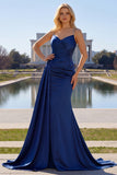 Navy zeemeermin spaghetti bandjes geplooid korset lange prom jurk met split