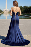 Navy zeemeermin spaghetti bandjes geplooid korset lange prom jurk met split