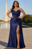 Navy zeemeermin spaghetti bandjes geplooid korset lange prom jurk met split