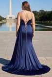 Navy zeemeermin spaghetti bandjes geplooid korset lange prom jurk met split