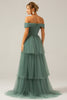 Afbeelding in Gallery-weergave laden, Grijs groene tule een lijn van de schouder gelaagde bruidsmeisje jurk