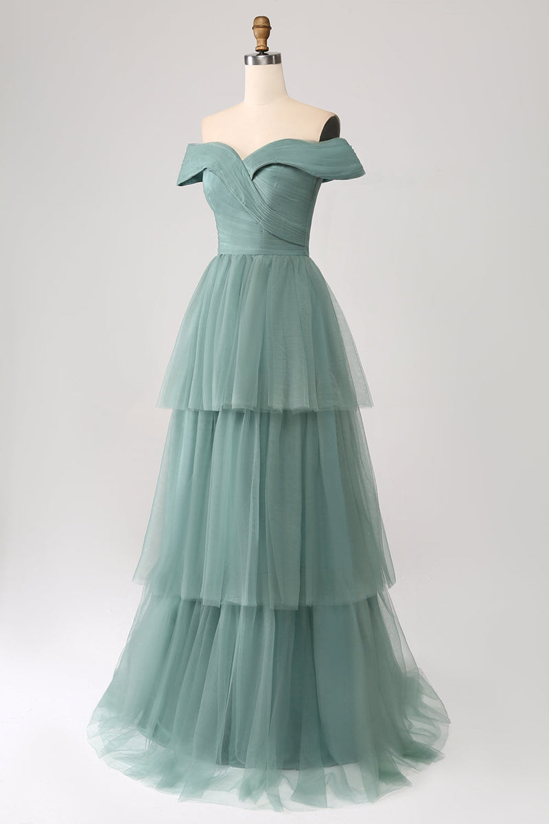 Afbeelding in Gallery-weergave laden, Grijs groen A lijn Off de schouder gelaagde tule Prom jurk