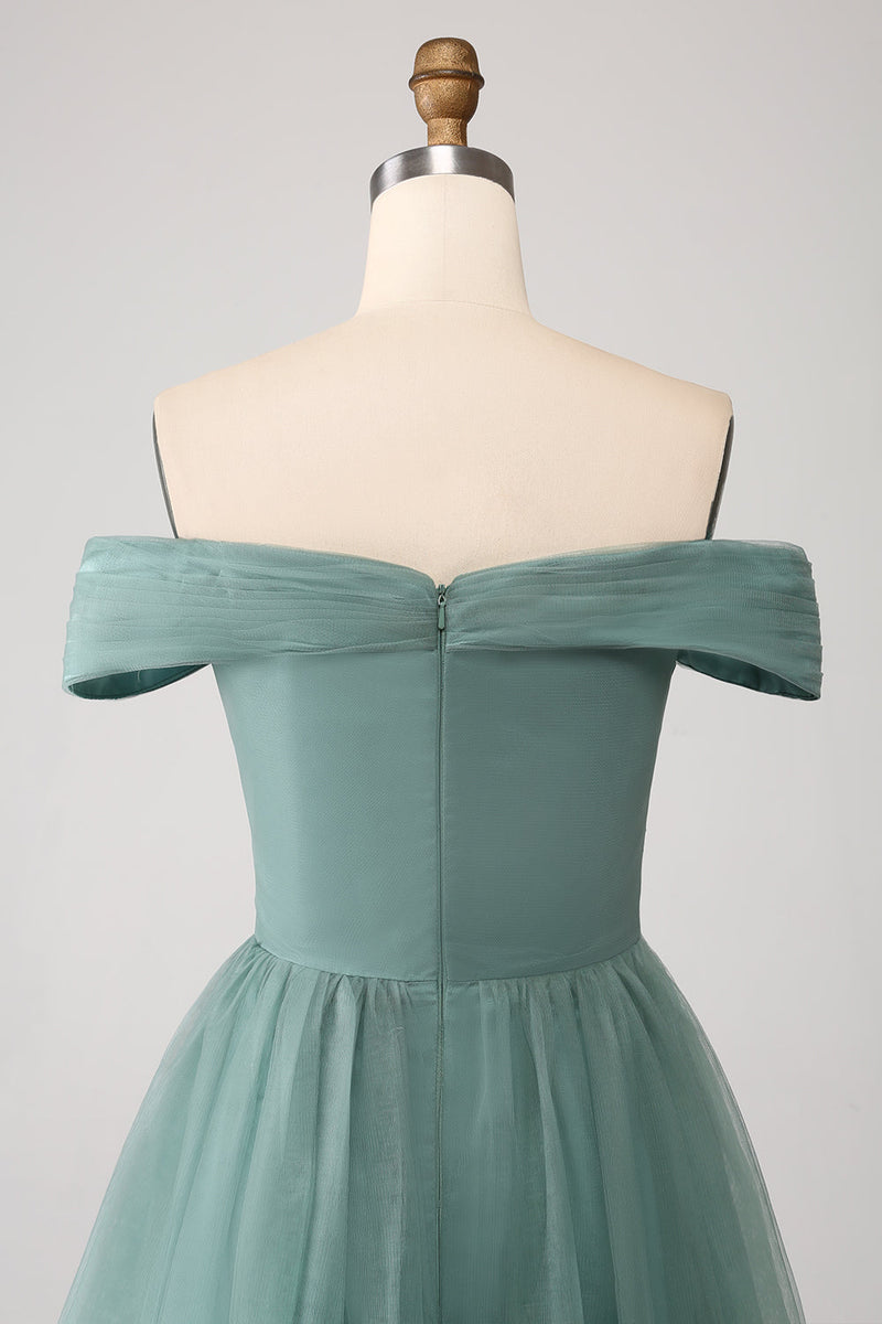 Afbeelding in Gallery-weergave laden, Grijs groen A lijn Off de schouder gelaagde tule Prom jurk