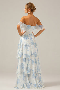 Wit Blauw Floral Boho Chiffon gegolfd lange bruidsmeisje jurk