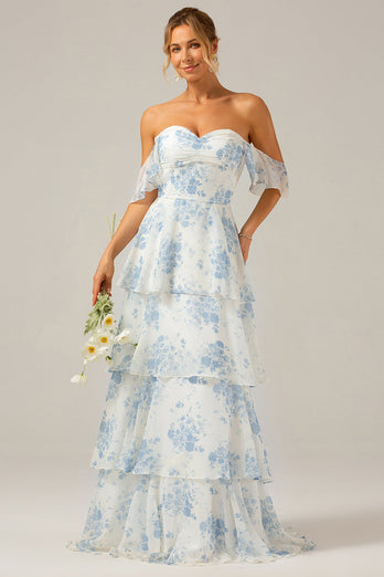 Wit Blauw Floral Boho Chiffon gegolfd lange bruidsmeisje jurk