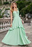 Groene A Line Off The Shoulder Corset Maxi Bruidsmeisje Jurk Met Ruches