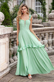 Groene A Line Off The Shoulder Corset Maxi Bruidsmeisje Jurk Met Ruches