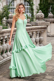 Groene A Line Off The Shoulder Corset Maxi Bruidsmeisje Jurk Met Ruches