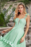 Groene A Line Off The Shoulder Corset Maxi Bruidsmeisje Jurk Met Ruches