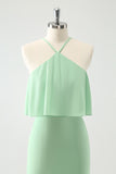 Groene Gelaagde Chiffon Zeemeermin Halter Gelaagde Bruiloft Gast Jurk