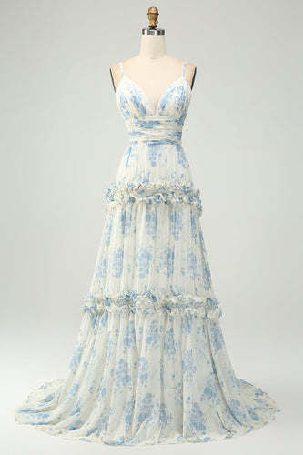 Wit blauwe bloem een lijn spaghetti bandjes lange Tulle bruidsmeisje jurk met ruches