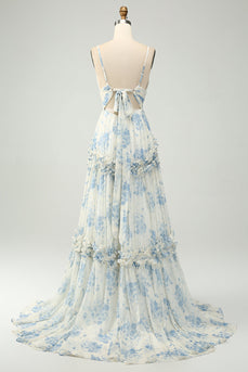 Wit blauwe bloem een lijn spaghetti bandjes lange Tulle bruidsmeisje jurk met ruches