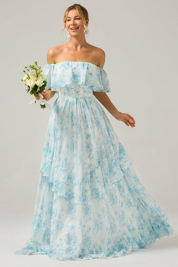 Wit blauw bloemen Off The Shoulder Boho lange bruidsmeisje jurk met ruches