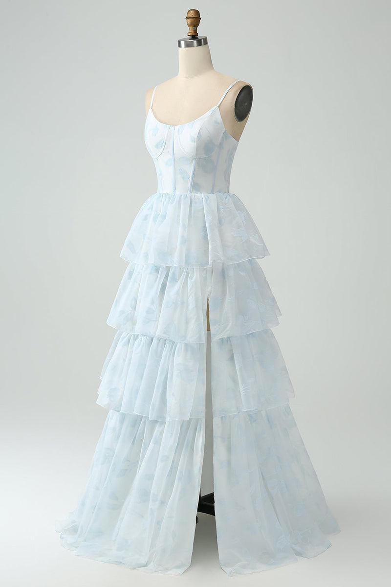 Afbeelding in Gallery-weergave laden, Lichtblauwe A lijn gelaagd korset gegolfd bruidsmeisje jurk met split