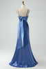 Afbeelding in Gallery-weergave laden, Grijs blauwe zeemeermin Spaghetti bandjes korset lange satijnen bruidsmeisje jurk met split