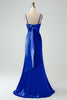 Afbeelding in Gallery-weergave laden, Grijs blauwe zeemeermin Spaghetti bandjes lange satijnen bruidsmeisje jurk met split