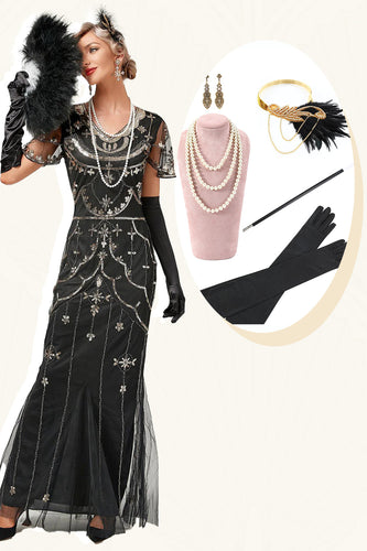 Zwart kralen lange flapper jurk met jaren 1920 accessoires set