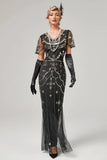 Zwart kralen lange flapper jurk met jaren 1920 accessoires set