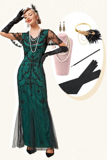 Zwart kralen lange flapper jurk met jaren 1920 accessoires set