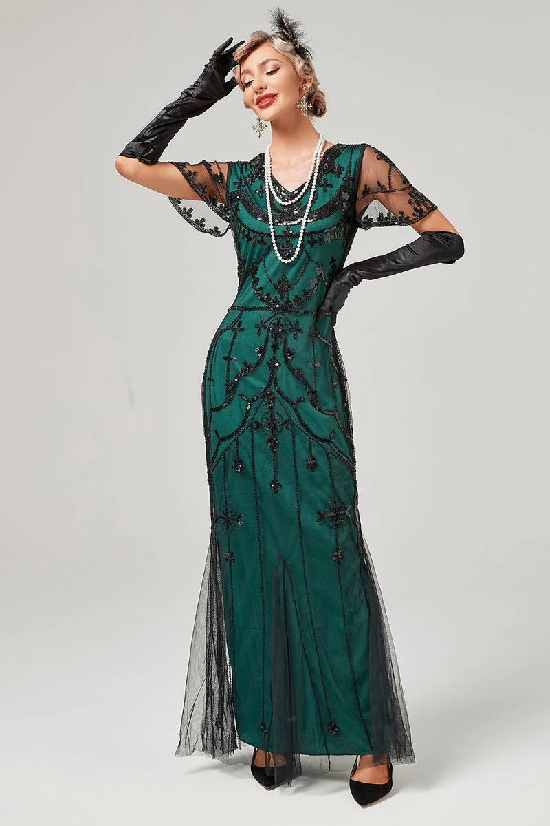 Afbeelding in Gallery-weergave laden, Zwart kralen lange flapper jurk met jaren 1920 accessoires set