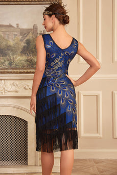 Sprankelende koningsblauwe gefranjerde kralen jurk uit de jaren 1920 met accessoires Set