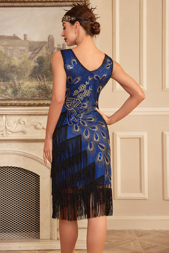 Sprankelende koningsblauwe gefranjerde kralen jurk uit de jaren 1920 met accessoires Set